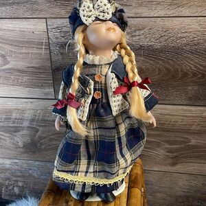 Vintage Porcelain Kissing Doll , Blonde Braids, Blue Plaid Dress 15”